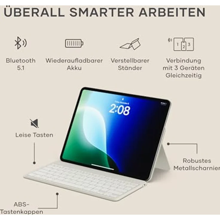Satechi OntheGo, kabellose Tablet-Tastatur mit verstellbarem Ständer, beige-braun, unterstützt bis zu 3 Geräte, USB-C – Bild 2