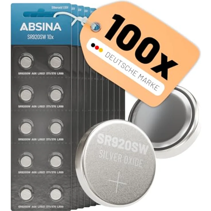 ABSINA SR920SW Uhrenbatterie 1,55V Silberoxid, 100er Pack, auslaufsicher, lange Haltbarkeit, ideal für Uhren und elektronische Geräte – Bild 1