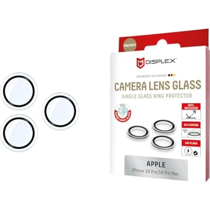 Displex Schutzglas für Apple iPhone 16 Pro Max, 10H Echtglas, kratzresistente Premium Kamera Linse, hüllenfreundlich, Montagerahmen – Bild 1