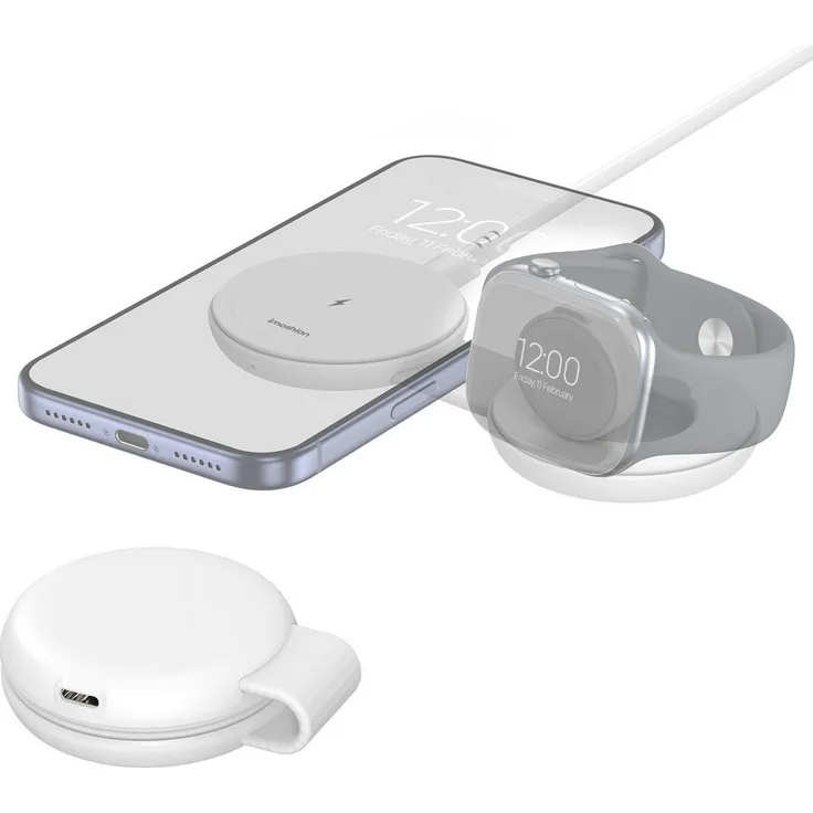 imoshion 2-in-1 Fast Wireless Charger, kabelloses Reiseladegerät mit 25W für iPhone, AirPods und Apple Watch, kompakt und Qi2.2 kompatibel