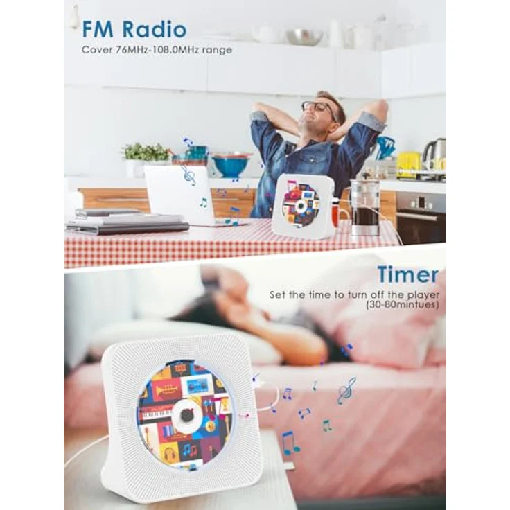 Gueray Multifunktionaler CD Player mit Bluetooth 5.0, FM-Radio und Lautsprecher, Weiß – Bild 5