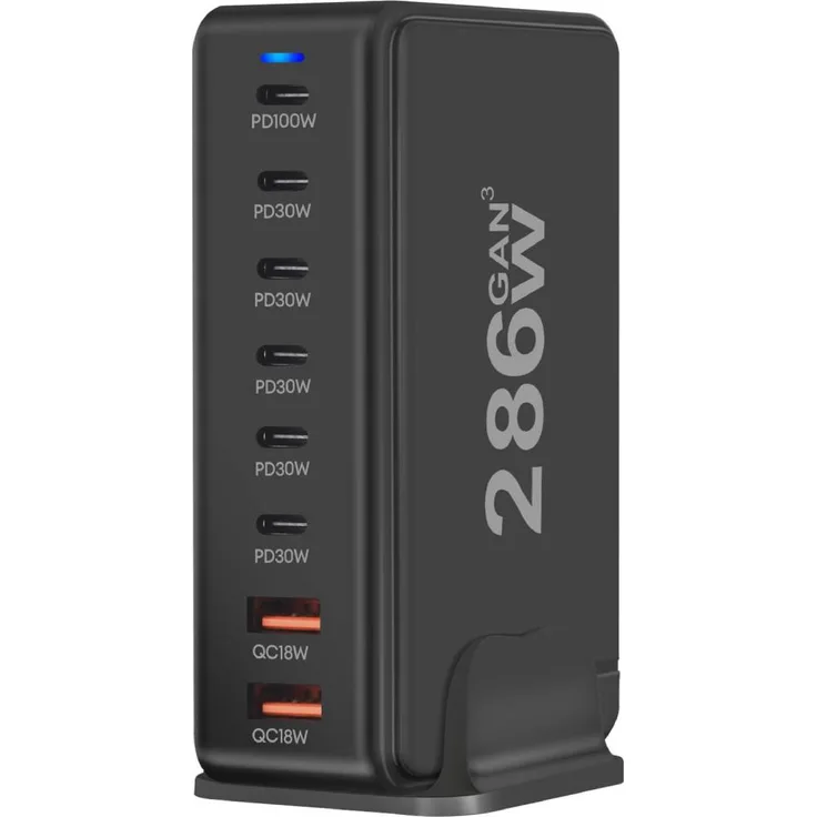 Avizar Ladestation GaN 286W mit 8 USB-C / USB Ports, inklusive 1x 100W PD und 2x Quick Charge 18W, Schwarz