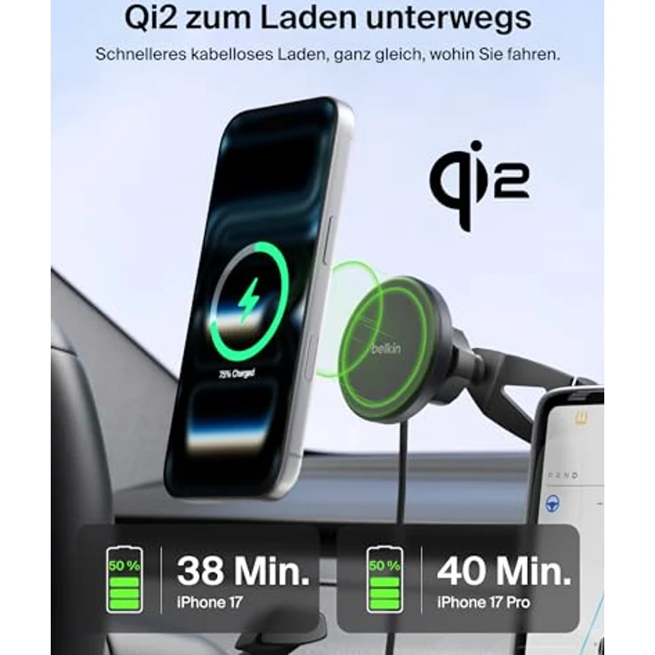 Belkin Magn.kabelloses Kfz-Ladegerät Qi2 WIC013hqBK mit Halterung, 15 W, Wireless Charger, Schwarz – Bild 3