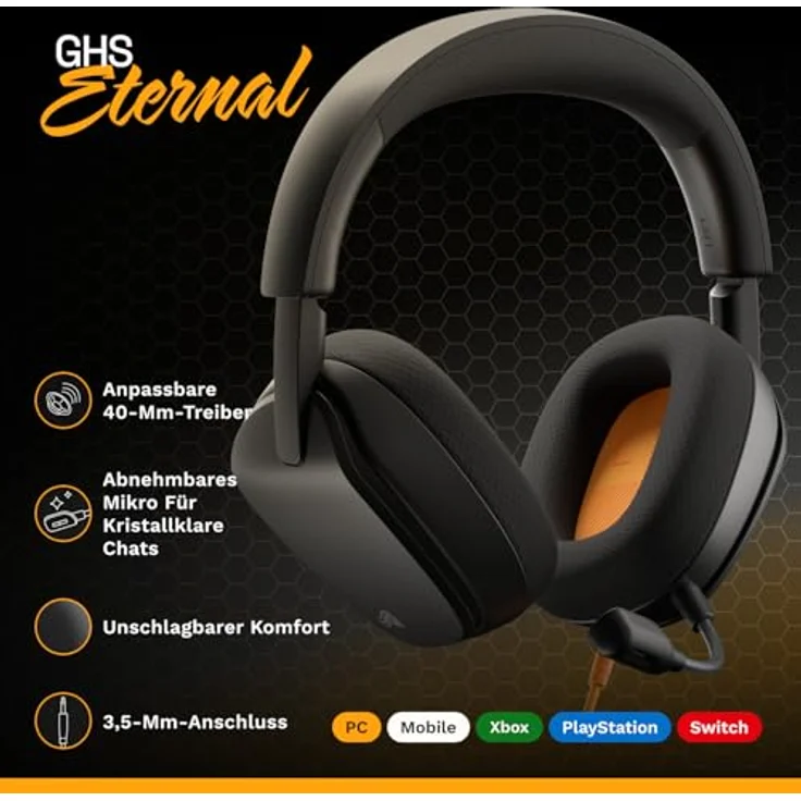GLORIOUS GHS Eternal, Stereo-Gaming-Headset für PC, PS5, PS4, Xbox, Switch – abnehmbares Mikrofon, 3,5 mm, langlebig, ganztägiger Schwarz – Bild 2