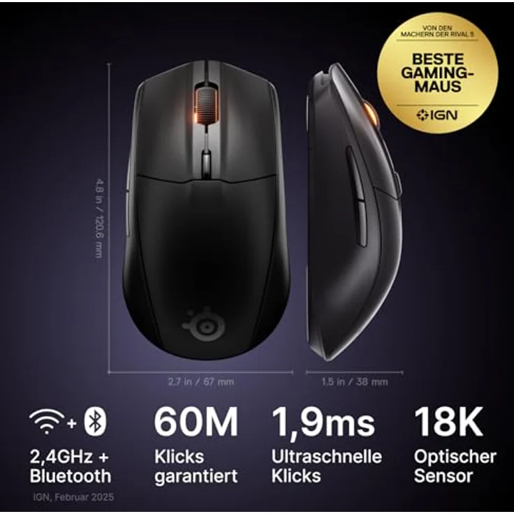 SteelSeries Rival 3 Wireless Gen 2 Gaming-Maus, 2,4 GHz und Bluetooth, 18.000 DPI TrueMove Air-Optiksensor, bis zu 200 Std. Akkulaufzeit, ultraleicht, PTFE-Gleitfüße, Schwarz – Bild 2