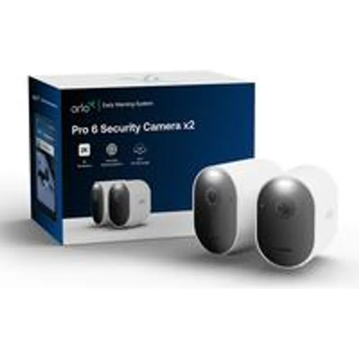 Arlo Pro 6 2K+ Überwachungskamera, 2er Set, IP-Sicherheitskamera mit 160° Weitwinkel, KI-gestütztem Early Warning System, integrierten Scheinwerfer & Sirene, verkabelt und kabellos