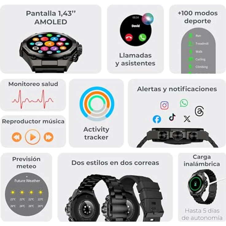 KSIX Titanium Smartwatch, 1,43 Zoll AMOLED-Display, Anruffunktion, wechselbare Armbänder, wasserdicht IP67 – Bild 2