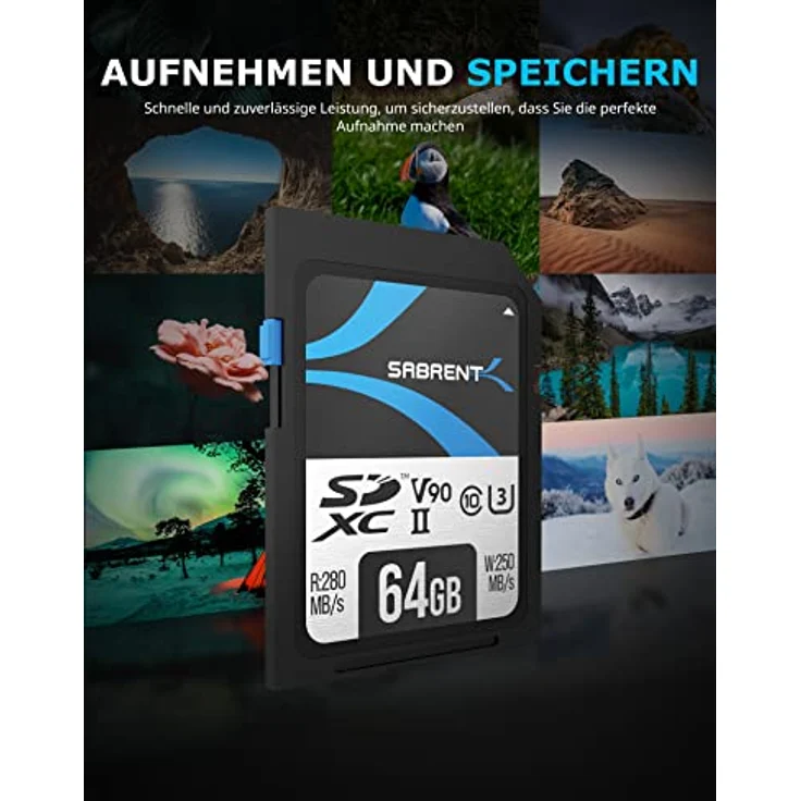 SABRENT SD Karte 64GB V90, SDXC Card UHS II, SD Speicherkarte Class 10, U3, R280MB/s W250MB/s Full HD Ultra 8K für professionelle Fotografen, Videofilmer, Vloggers (SD-TL90-64GB) – Bild 2