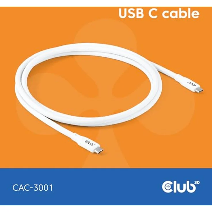 Club3D CAC-3001 Lifestyle USB-C Kabel PD 240W, 20Gbps, 2m, weiß, unterstützt iPhone und Android, E-Marker-Chip, 4K60Hz Video – Bild 2