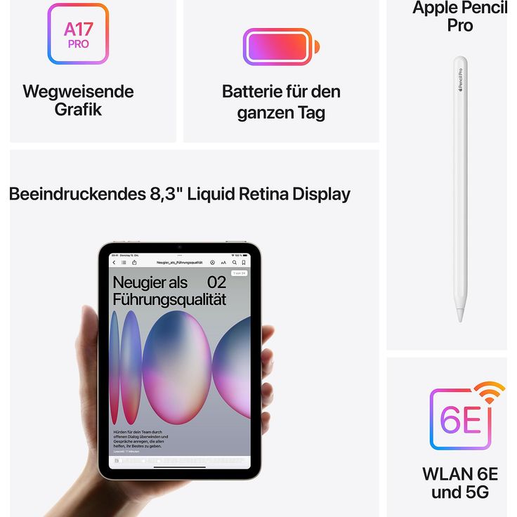 Apple iPad mini 7 (2024), Tablet, WiFi + 5G, 128 GB, 8,3 Zoll, 2.266 x 1.488 Pixel, iPadOS 18, 12 MP, Apple A17 Pro, Polarstern – Bild 6
