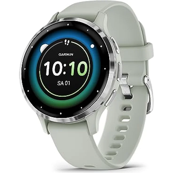 Garmin Venu 3S – GPS-Fitness-Smartwatch mit Bluetooth Telefonie und Sprachassistenz, Ultrascharfes 1,3 Zoll/ 1,1 Zoll AMOLED-Touchdisplay, Fitnessfunktionen, Garmin Music, Garmin Pay und Rollstuhlmodus, 18mm, Salbeigrau/Silber – Bild 1