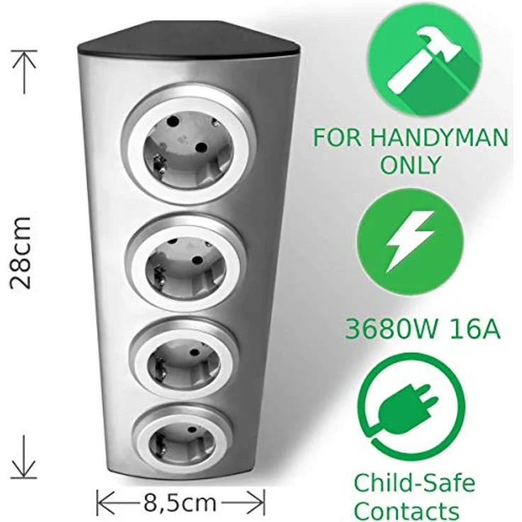 ORNO AE-1340(GS) Ecksteckdose 4 Fach mit Kindersicherung, 45° Aufbau-Montage, Ideal für Küche, Büro und Arbeitsplatte, 3680W 16A (ohne Kabel) – Bild 2