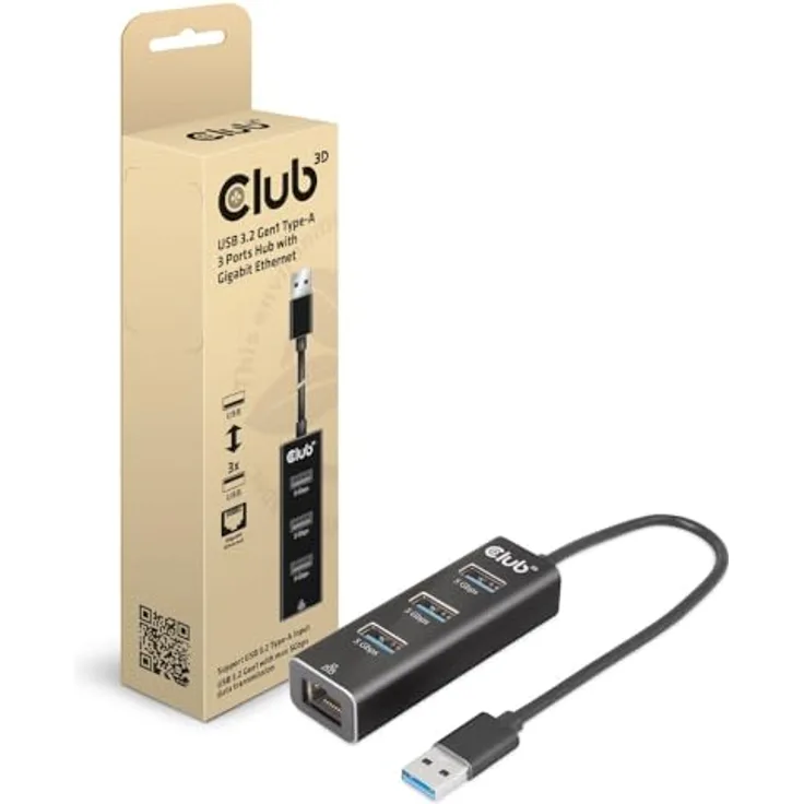 Club 3D CSV-1430A USB 3.2 Gen1 Typ-A, 3 Ports Hub mit Gigabit Ethernet