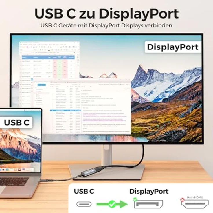 deleyCON USB-C auf DisplayPort Adapter Kabel, 4K@60Hz & 2K@165Hz, für DisplayPort Monitore, MST, Thunderbolt 3/4, kompatibel mit iPhone 17/16/15, MacBook, iPad Pro/Air, Galaxy S25 S24 – Bild 3