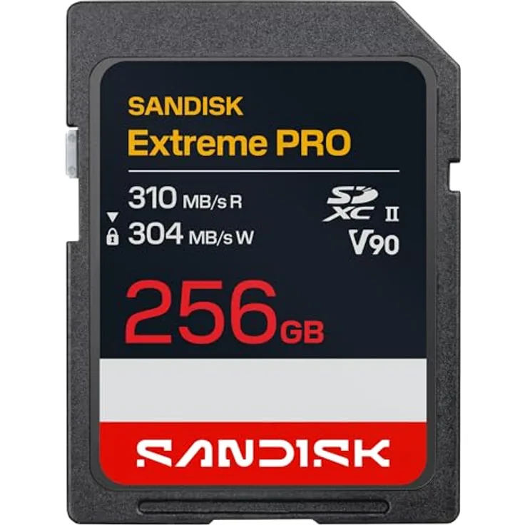 SanDisk SDXC Extreme PRO, 256 GB UHS-II V90, Schreibgeschwindigkeit 310 MB/s, Lesegeschwindigkeit 304 MB/s