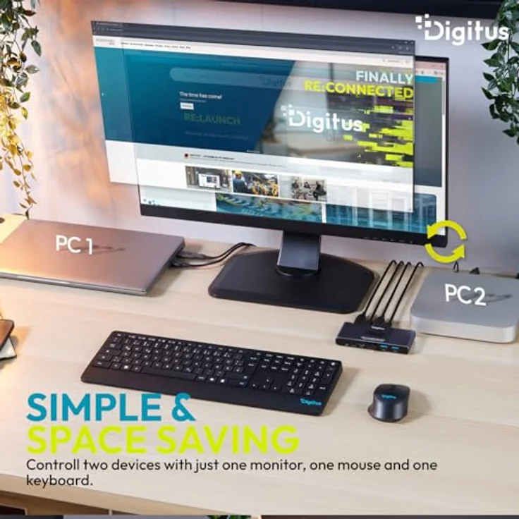 DIGITUS DS-12855, USB-C KVM-Switch für 2 PCs und 1 Monitor, 3x USB-A und 1x Typ-C 5 Gbit/s, HDMI 2.0 UltraHD 4K 60 Hz, 3,5 mm Klinke, kabelgebundene Fernbedienung, grau – Bild 2
