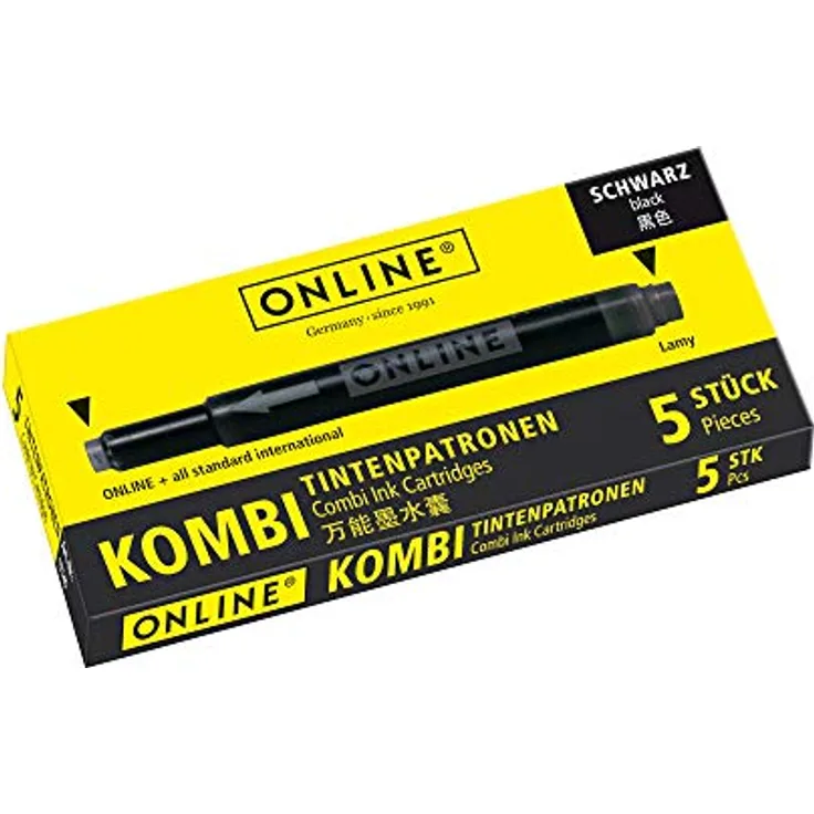 Online Pen Kombi-Tintenpatronen, 5 Stück schwarz, für Standard- und LAMY-Füller, hoher Tintenfluss