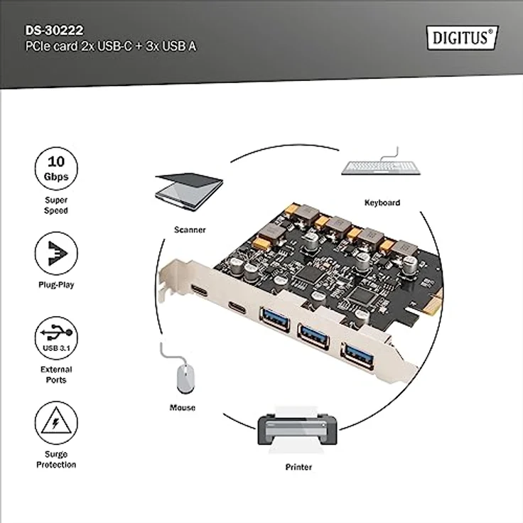 DIGITUS PCIe Karte 2X USB-C, 3X USB A – Bild 3