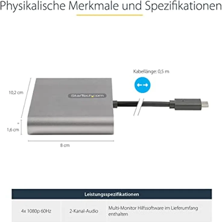 StarTech.com USB-C auf 4x HDMI Adapter - Externe Video- und Grafikkarte - USB Type-C auf Quad HDMI Display Adapter Dongle - 1080p 60Hz - Multi Monitor Splitter - Windows (USBC2HD4) – Bild 4