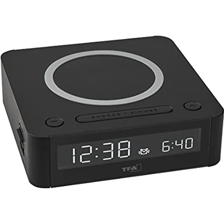 TFA Dostmann Wecker digital Easy-Charge Wireless, 60.2030.01, mit kabelloser Ladestation, Farbdisplay, Alarm mit 2 Lautstärken, Snooze-Funktion, schwarz