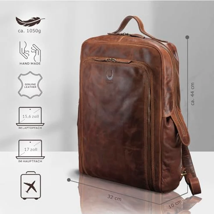 Corno d´Oro Premium Rucksack Herren Leder Groß I Handgefertigter Damen Laptoprucksack 17 Zoll Laptop I XL Kurierrucksack Vintage Backpack Braun – Bild 3