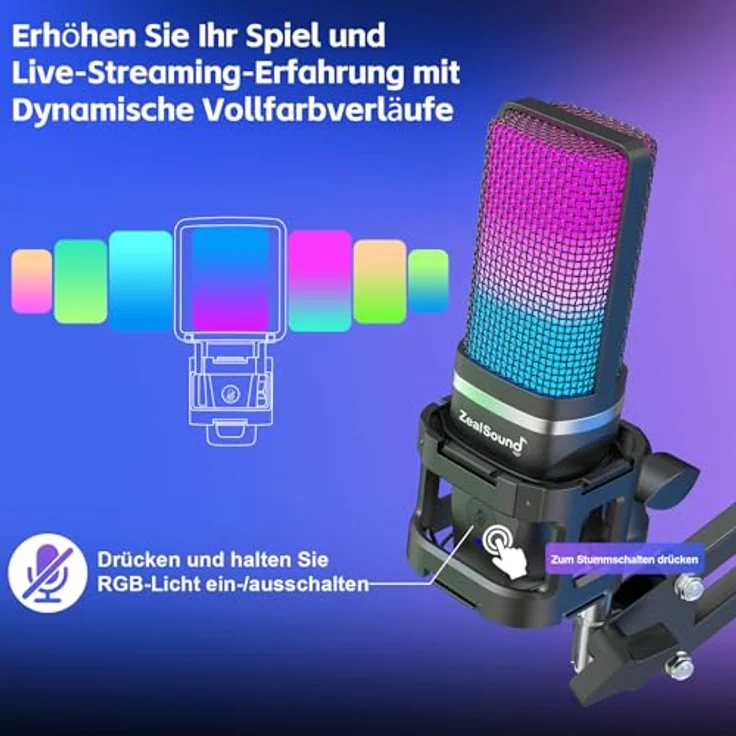zealsound A68S USB Mikrofon Set, Kondensator Mikrofon für Podcast mit Boomarm & Tischstativ, RGB-Beleuchtung, Plug & Play, 92kHz/24bit Audioqualität – Bild 4