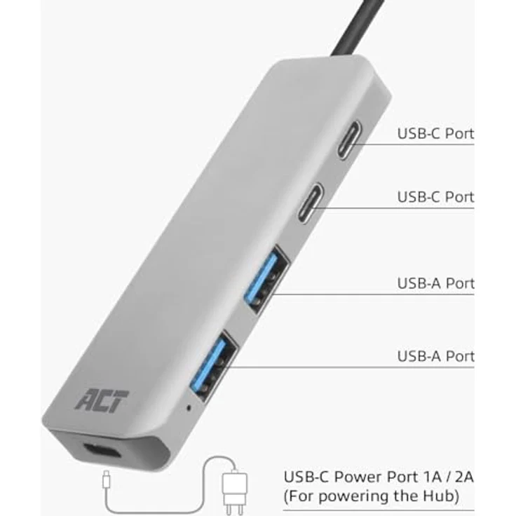 ACT USB C Hub, 4-Port USB 3.0 Hub, 2X USB-C und 2X USB-A, mit Premium Aluminum Gehäuse, Grau - AC7072 – Bild 3
