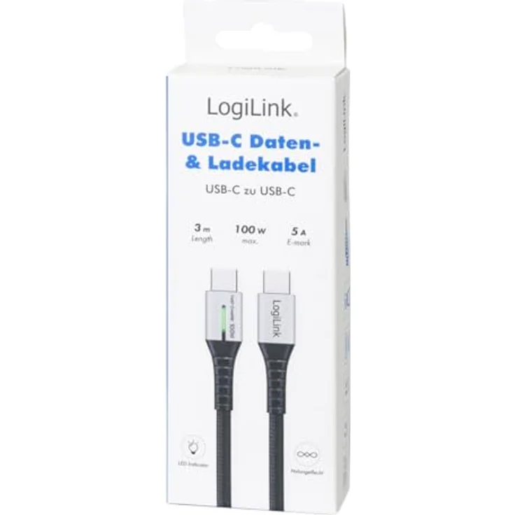 LogiLink CU0425 USB-C Kabel, 3m, 100W, Nylon-Mantel, mit LED-Anzeige, schwarz – Bild 6