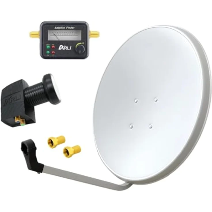 ARLI 60cm HD Satellitenantennenanlage, Twin LNB mit Satfinder, 2 F-Stecker, lichtgrau, für 2 Teilnehmer, UHD 4K – Bild 1