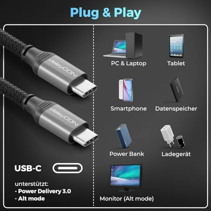 deleyCON 1m USB-C Kabel (USB 3.2 Gen2, 10Gbit/s, 100W) Datenkabel für 4K@60Hz Videoausgabe, kompatibel mit iPhone 17 Pro Max, Galaxy S25, MacBook und mehr – Bild 3