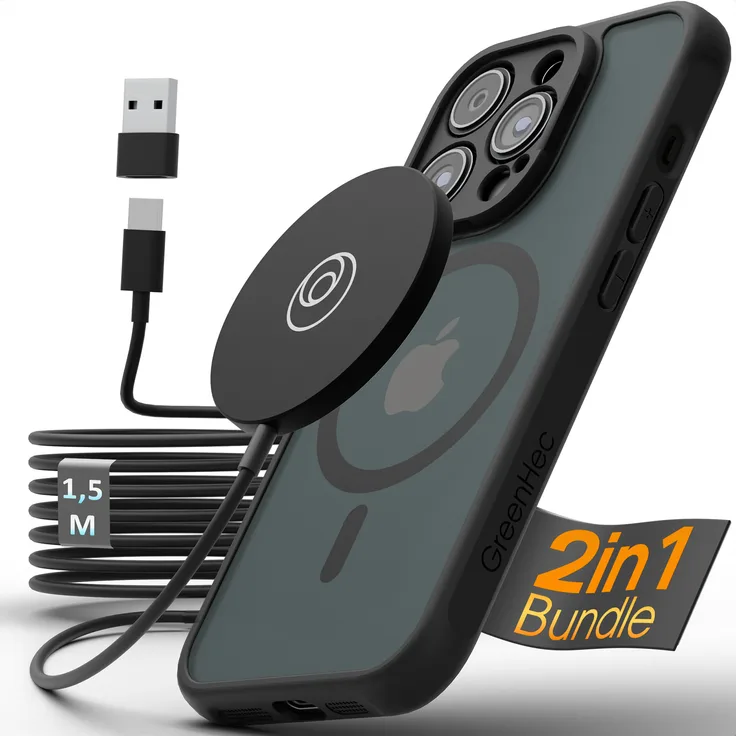GreenHec MagSafe Hülle & Wireless Charger für iPhone 13 mini - Frosted Black, 15W Ladeleistung, stoßfest, Magnetkompatibel