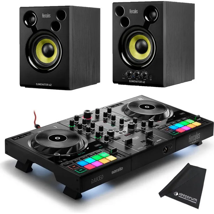 HERCULES Inpulse 500 DJ Controller mit DJMonitor42 Boxen, 2-Deck USB Controller, 16 RGB-Pads, Serato DJ Lite und DJUCED Software