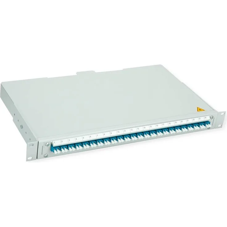 Telegärtner BASIS V LWL-Panel, 1HE, 24x LC Duplex Kupplungen, spleißfertig mit Pigtails, blau, Faserklasse OS2 PC