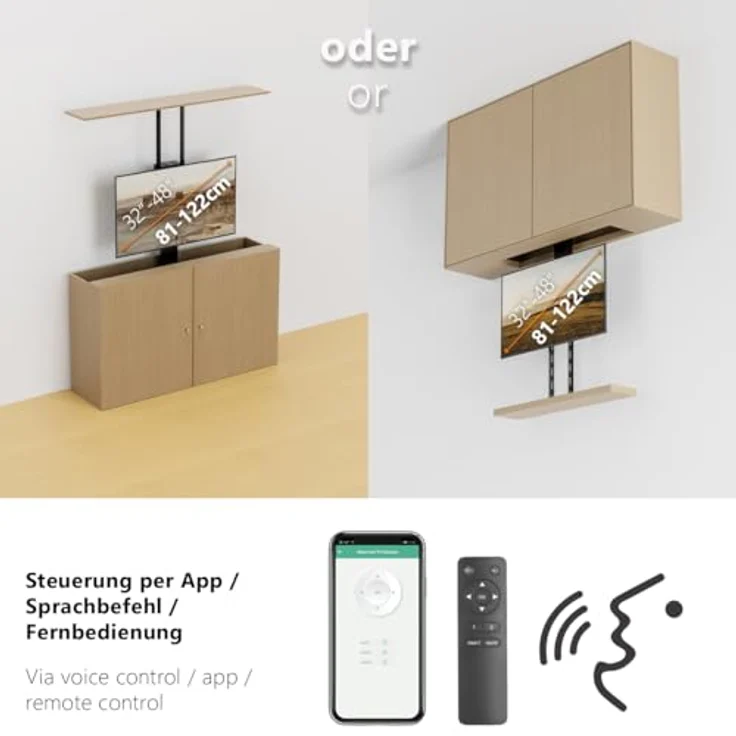 myWall TV-Lift HP 66-1, elektrisch verstellbar für 32-48 Zoll Fernseher bis 60 kg, Schwarz, Hubhöhe 66,5-133,5 cm mit Antikollisionsfunktion – Bild 2