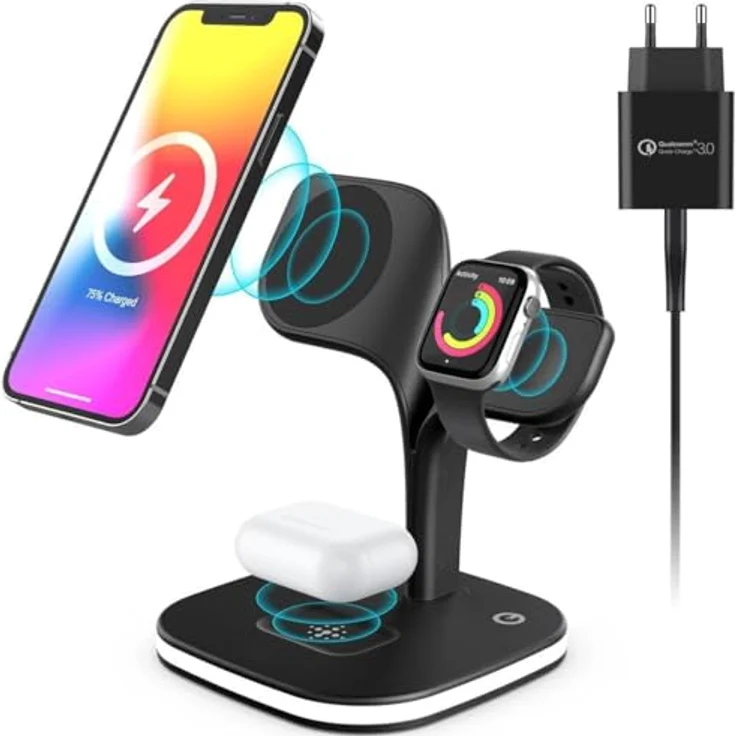Wisam 5 in 1 MagSafe 15W QI Ladestation geeignet für iPhone 12/13/14/15/Pro/Pro Max/Mini, iWatch 2/3/4/5/6/7/8/9/Ultra/SE und AirPods 2/3/Pro/Pro 2, LED Lampe, Touch-Steuerung, Weiß – Bild 1