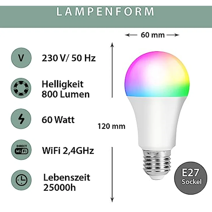 XCOAST Smart Glühbirne E27, WLAN RGB LED, dimmbar, Smart Life App, Sprachsteuerung mit Google Home und Alexa, Warmweiß-Kaltweiß, 25.000h Lebensdauer, kein Hub nötig – Bild 2