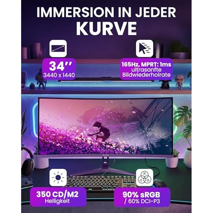 Arozzi Nova 34" Curved Gaming Monitor, VA 165Hz Ultrawide QHD 1440p, HDR10, flimmerfrei, 90% sRGB, lila – Bild 2