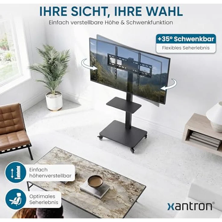 Xantron TV-Stand-1Mobile, mobiler Bodenständer für TVs von 37''-75'', höhenverstellbar mit Drehfunktion und integrierten Rollen – Bild 3