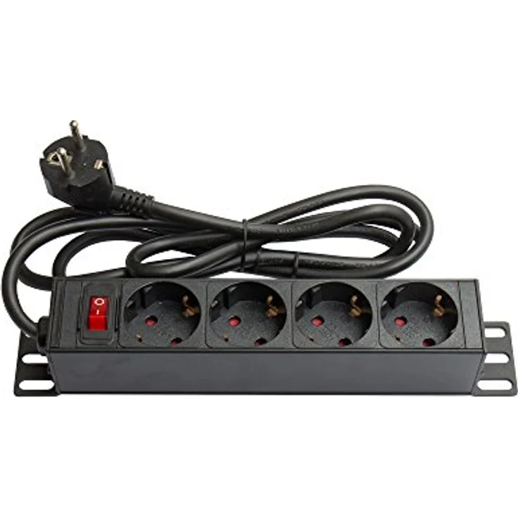 Kabelmeister SO-37330 10 Zoll Steckdosenleiste (1HE) mit 4X Schutzkontakt-Buchse und beleuchtetem Schalter, Aluminium-Profil Schwarz – Bild 1
