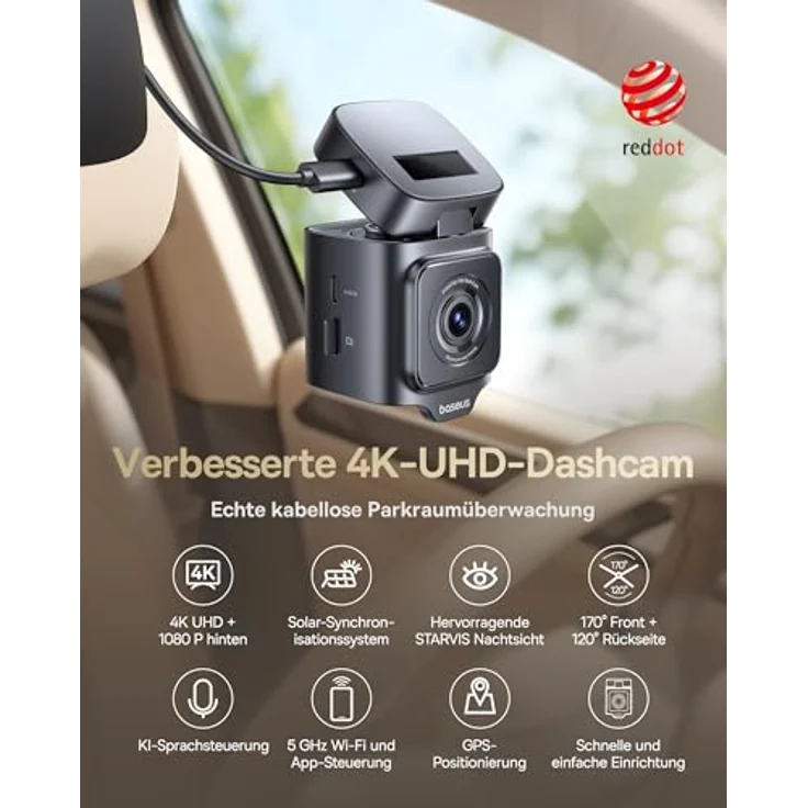 Baseus VD1 Pro Dashcam, kabellose 4K+1080P Dashcam für Auto vorne und hinten, Solar-Dashcam mit 24h Parküberwachung, STARVIS Nachtsicht, 5GHz WLAN, GPS, 170° Weitwinkel und 32GB Karte – Bild 2