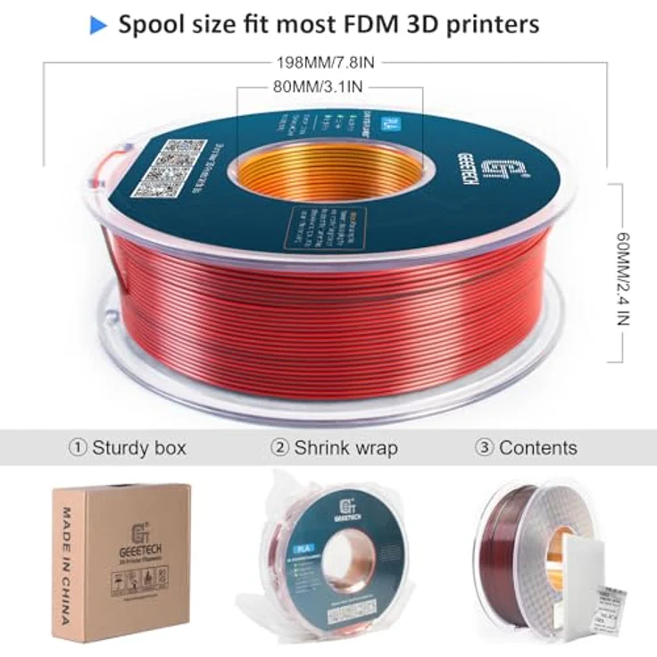 GEEETECH Silk PLA Filament 1,75mm, 1KG/Spule, Tricolor Silk Rot Gold Schwarz für 3D Drucker – Bild 4