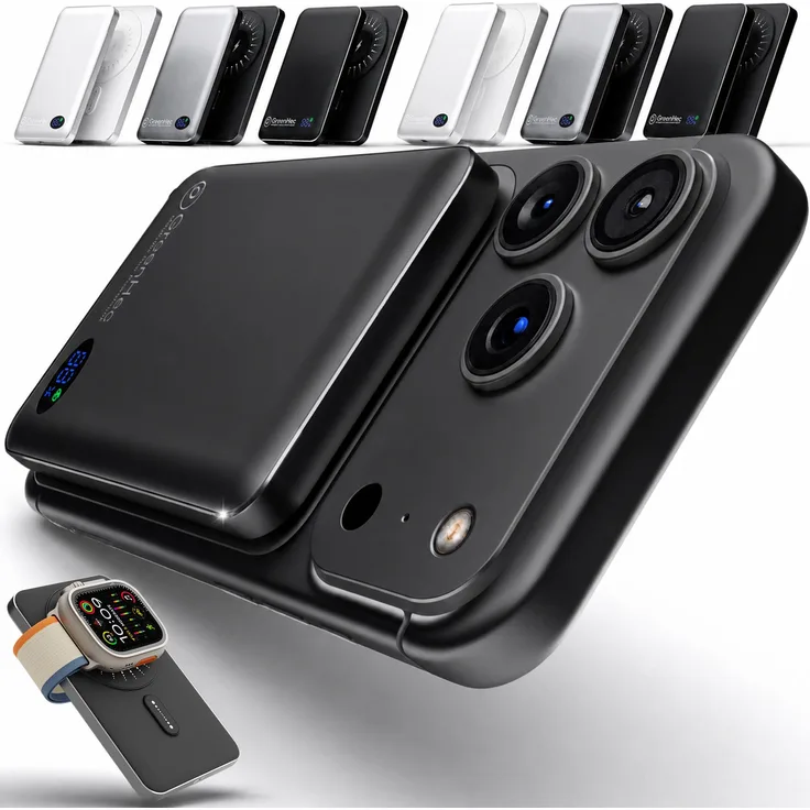 GreenHec MagSwift Duo Powerbank 5000 mAh, Schwarz, Induktiv, Kompatibel mit iPhone 12-18 Pro Max, 15W Wireless Charging, Dual Charging mit USB-C