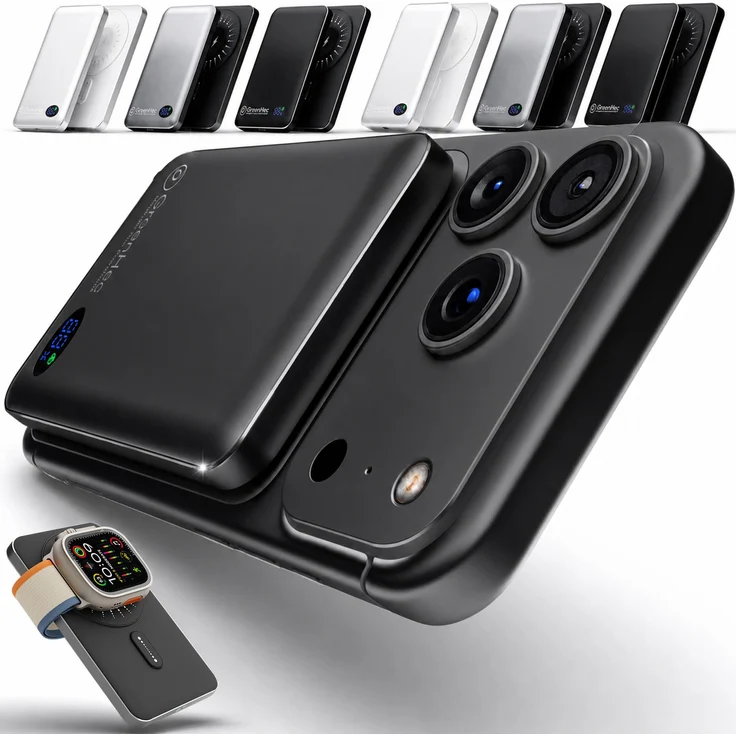 GreenHec MagSwift Duo Powerbank 5000 mAh, Schwarz, Induktiv, Kompatibel mit iPhone 12-18 Pro Max, 15W Wireless Charging, Dual Charging mit USB-C