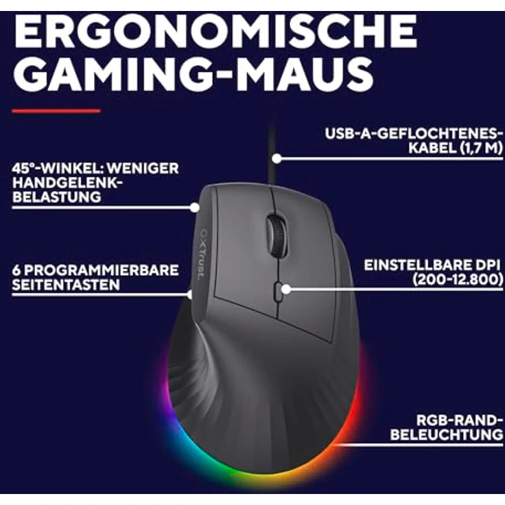 Trust Gaming GXTrust 145 Rexxa Vertikale Gaming Maus, 12.8k DPI, 10 programmierbare Tasten, Ergonomisch, USB-A Kabel 1,7m, Mehrfarbige RGB Beleuchtung - Schwarz – Bild 2