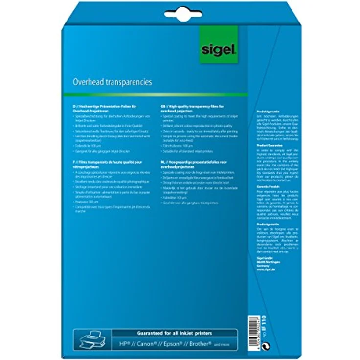 Sigel Inkjet Overhead-Folien, 100 g/m², DIN A4, 10 Blatt, transparent, sofort trocknend – Bild 2