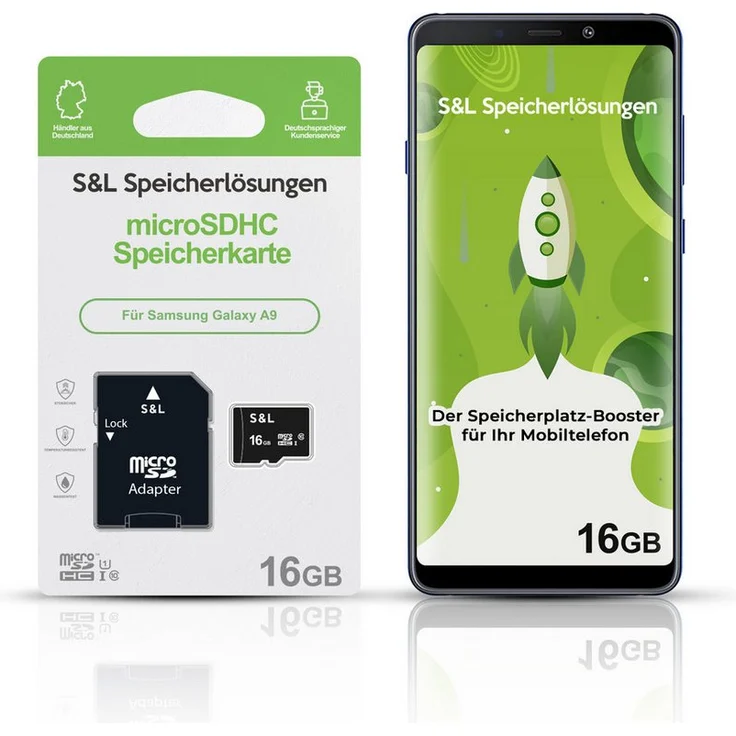Tec-Expert microSD Karte S&L für Samsung Galaxy A9, 16 GB, Class 10, microSDHC, stoßfest und wasserdicht