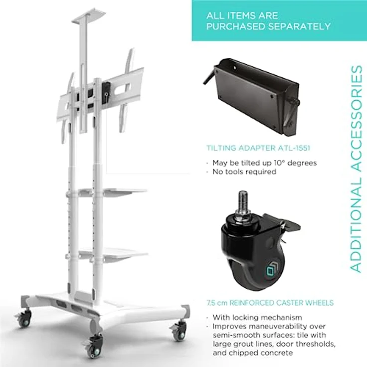 ONKRON TV Bodenständer höhenverstellbar & TV Ständer rollbar - VESA Standfuss 600x400 für 40-70 Zoll LED Flach & Curved Bildschirme bis 45,5 kg/TV Stand mit Zwei AV-Fächern TS1552 Weiß – Bild 4