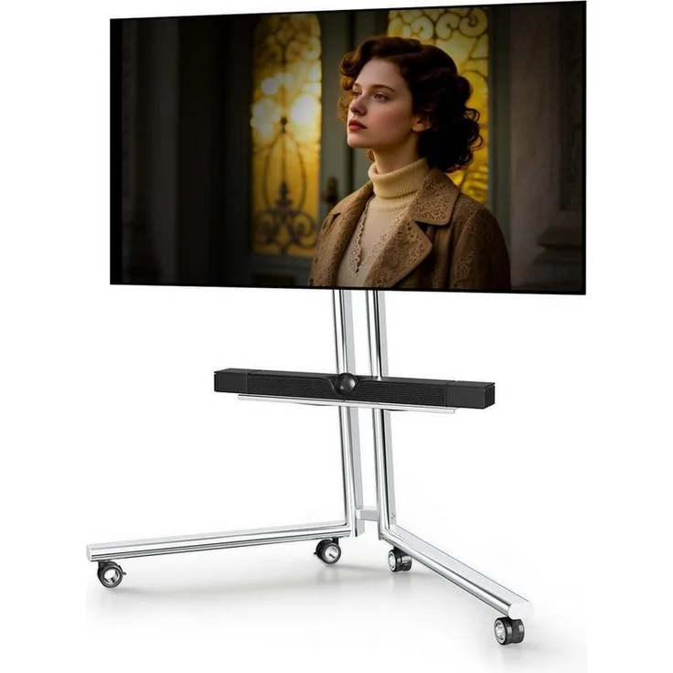 LuxusKollektion Rollbarer TV Ständer 40-75 Zoll, silber, mobil und höhenverstellbar mit Ablagefach und Kabelmanagement