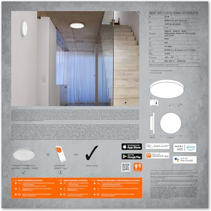 LEDVANCE SMART+ Smarte LED Deckenleuchte, Panel für Innen mit WiFi Technologie, Lichtfarbe änderbar (3000K-6500K), RGB-Farben änderbar, 300mm Durchmesser, Kompatibel mit Google und Alexa Voice Control – Bild 11