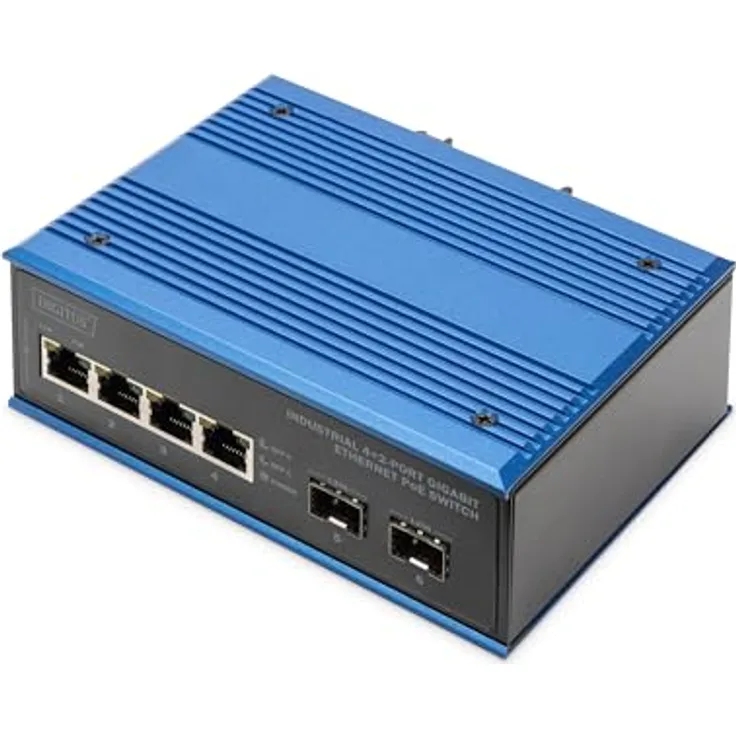 DIGITUS industrieller 6 Port Gigabit Ethernet PoE Netzwerk-Switch - 4X RJ45 + 2X SFP-Uplink - 30W PoE-Budget je Port - IP40 Schutzart - Hutschienenmontage - 10/100/1000 Mbps - Plug & Play